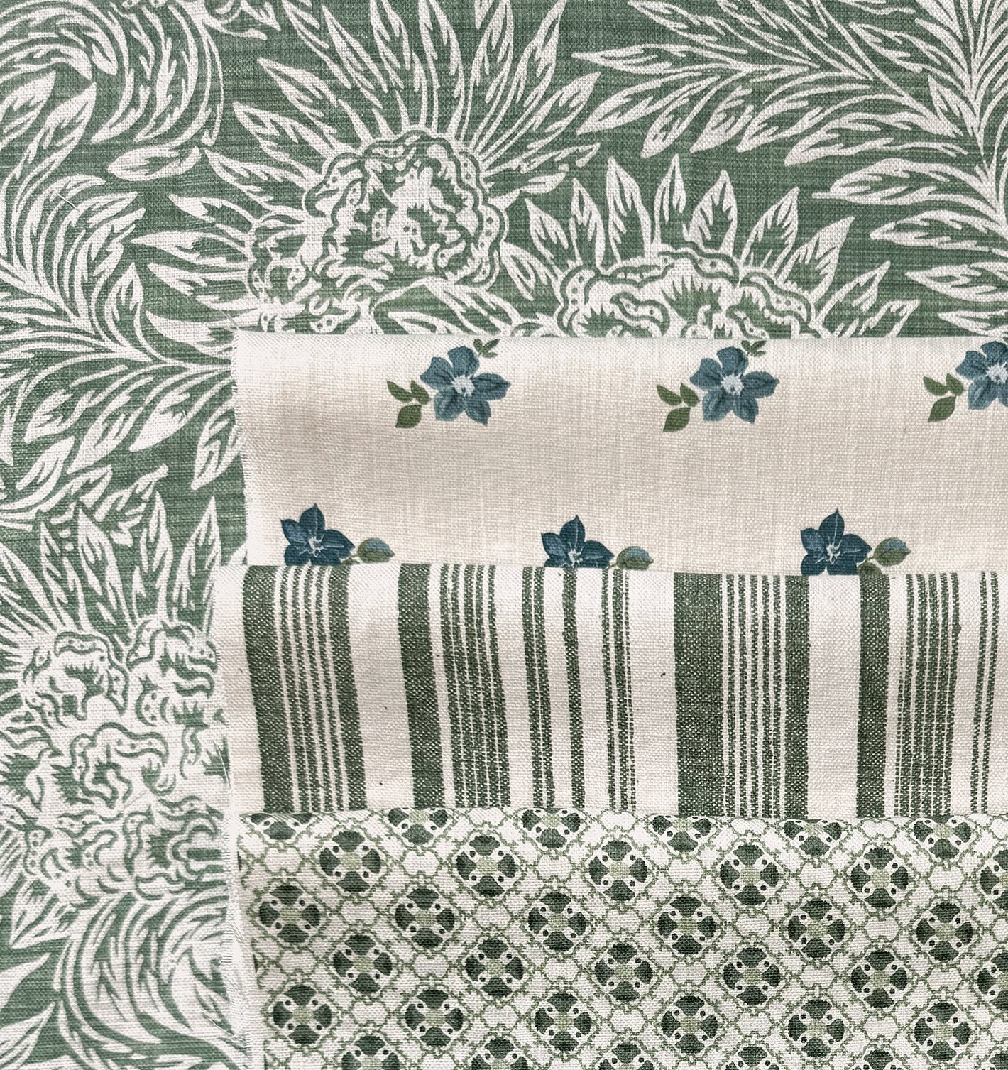 &#39;Anna Floral&#39; Linen Fabric - Blue Green