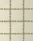 Green lattice grasscloth wallpaper with vertical diamond columns and zigzag bands
