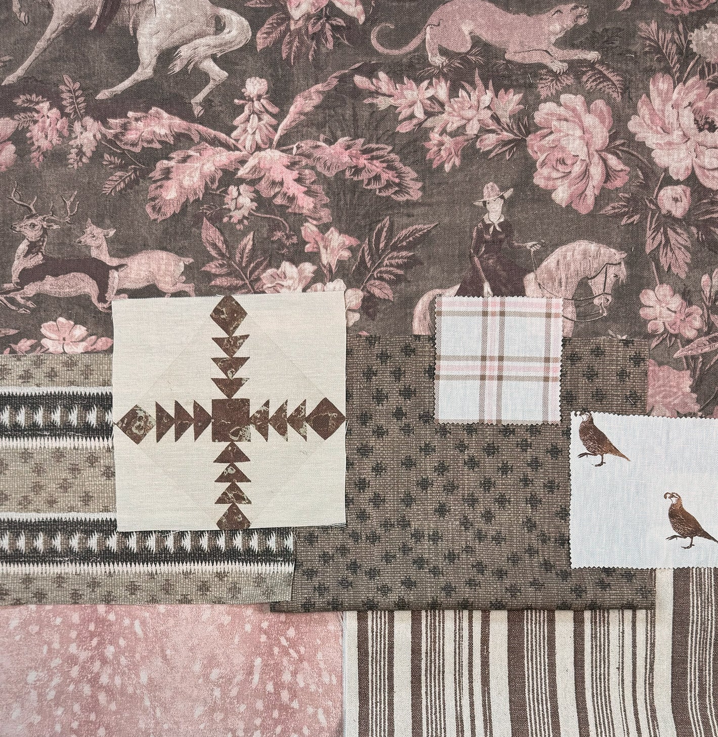 &#39;California Quail&#39; Linen Fabric - Brown