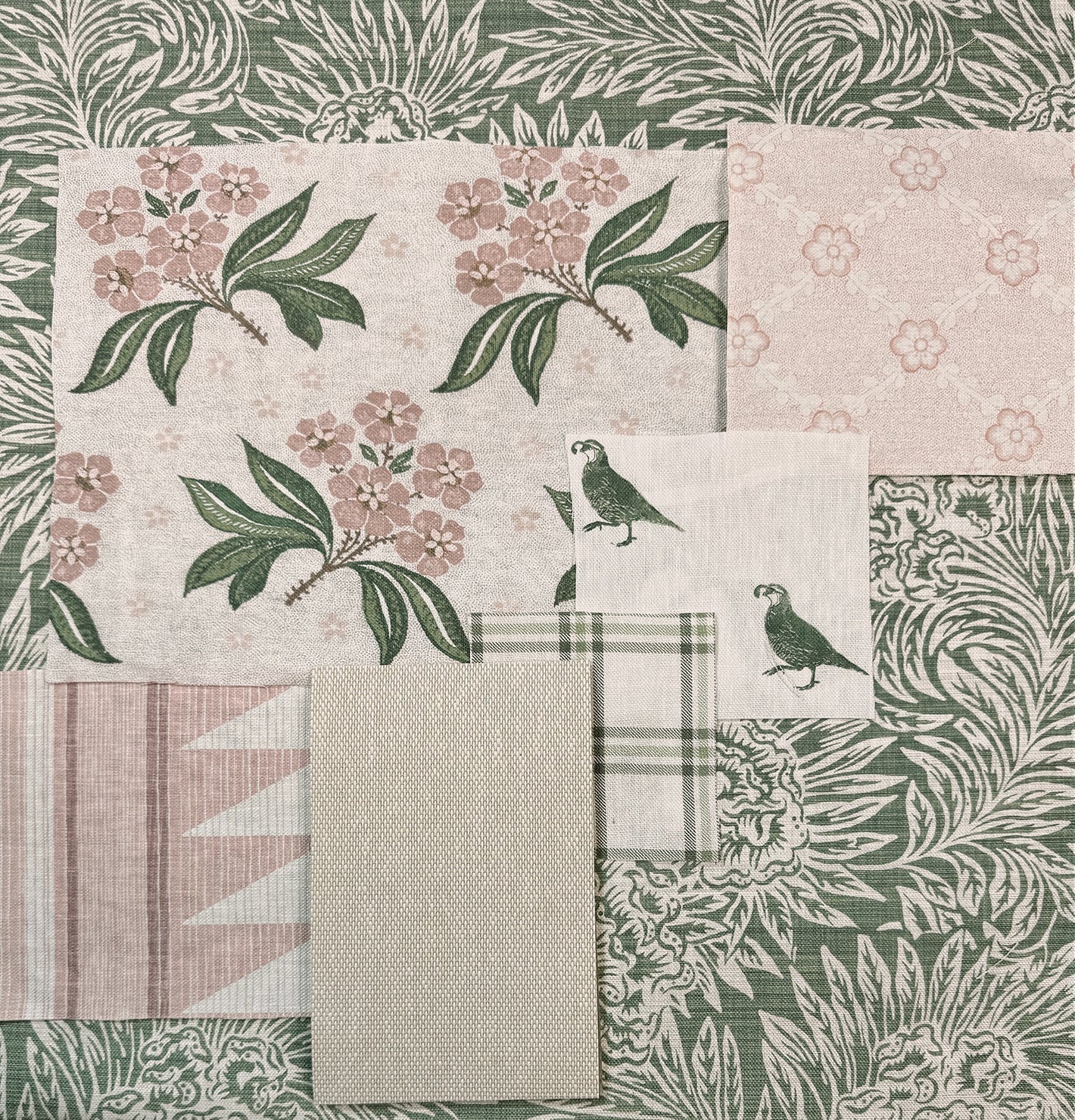 &#39;California Quail&#39; Linen Fabric - Green