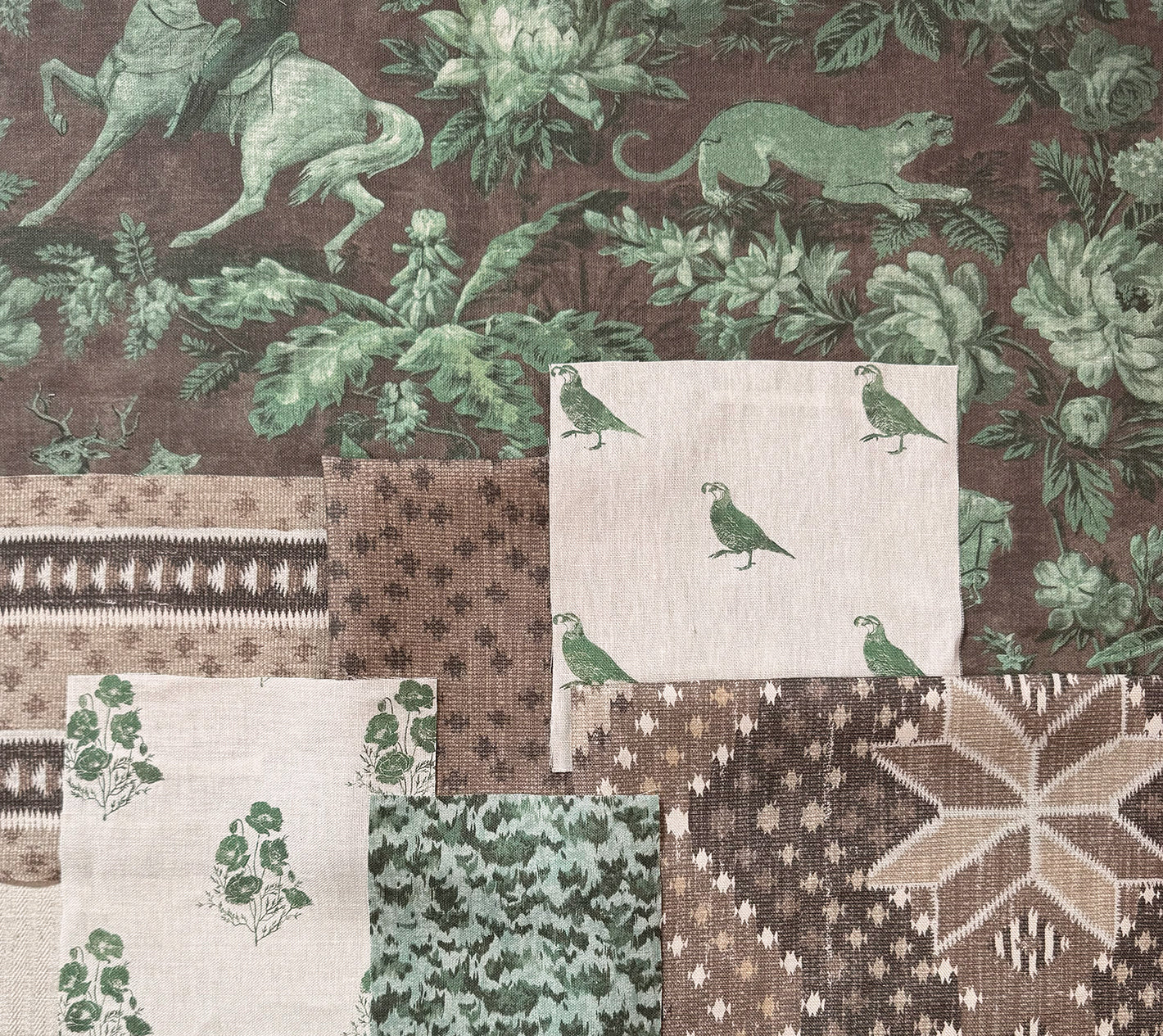 &#39;California Quail&#39; Linen Fabric - Green