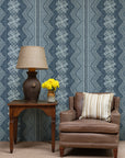 Blue wallpaper with vertical panels of zigzag chevrons and repeating snowflake icons