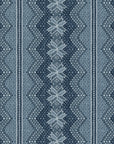 Blue wallpaper with repeating snowflake, chevron zigzag pattern and thin border lines