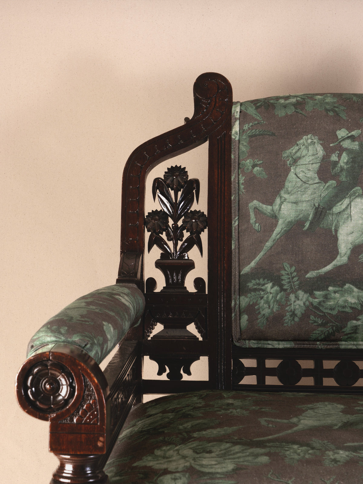 Vintage Carved Wood Armchair in 'Cowboy Toile'