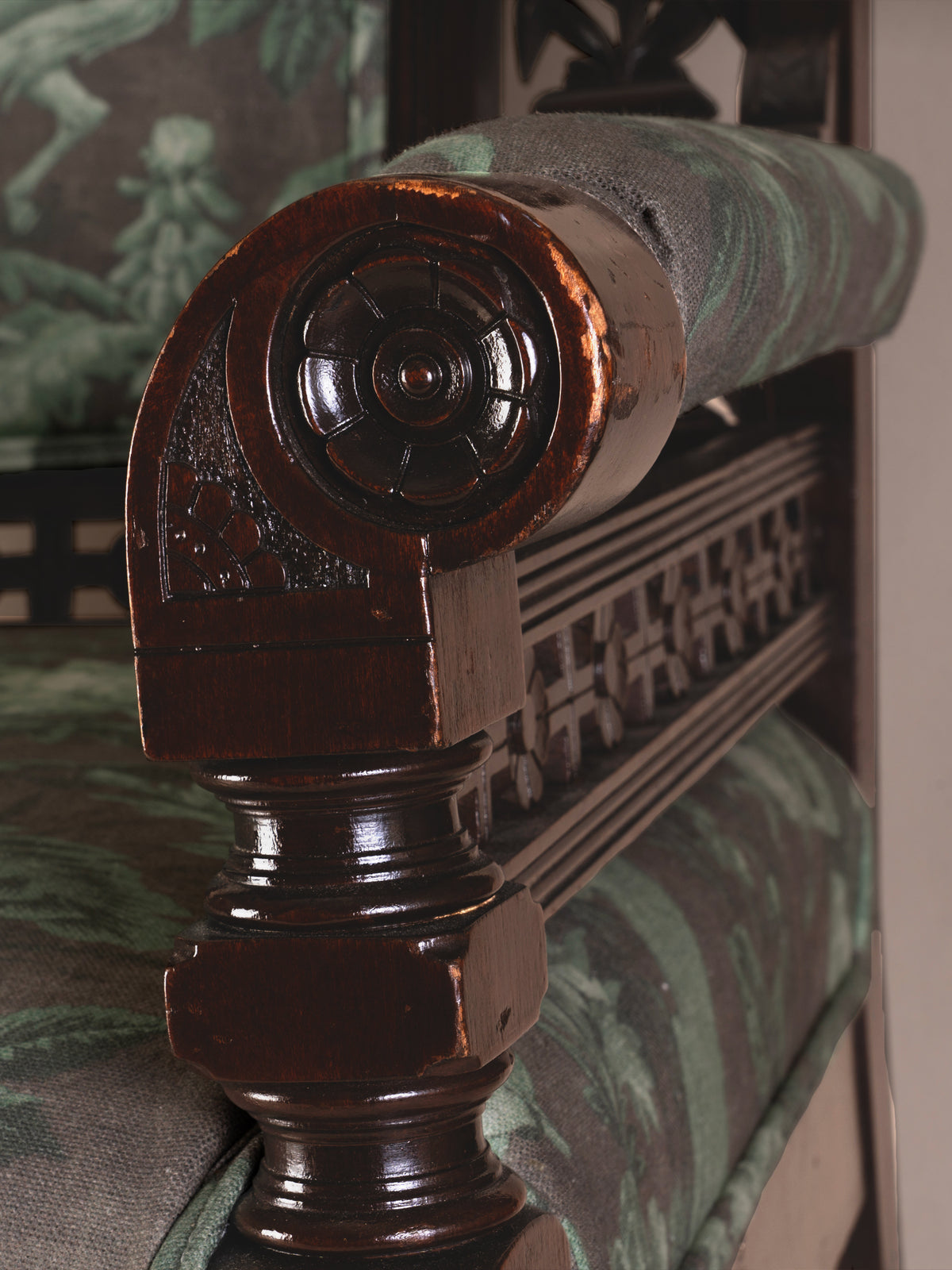 Vintage Carved Wood Armchair in 'Cowboy Toile'
