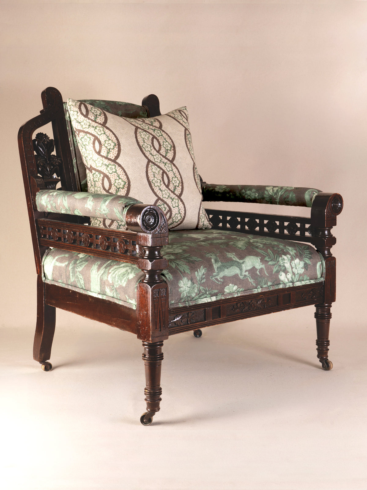 Vintage Carved Wood Armchair in 'Cowboy Toile'