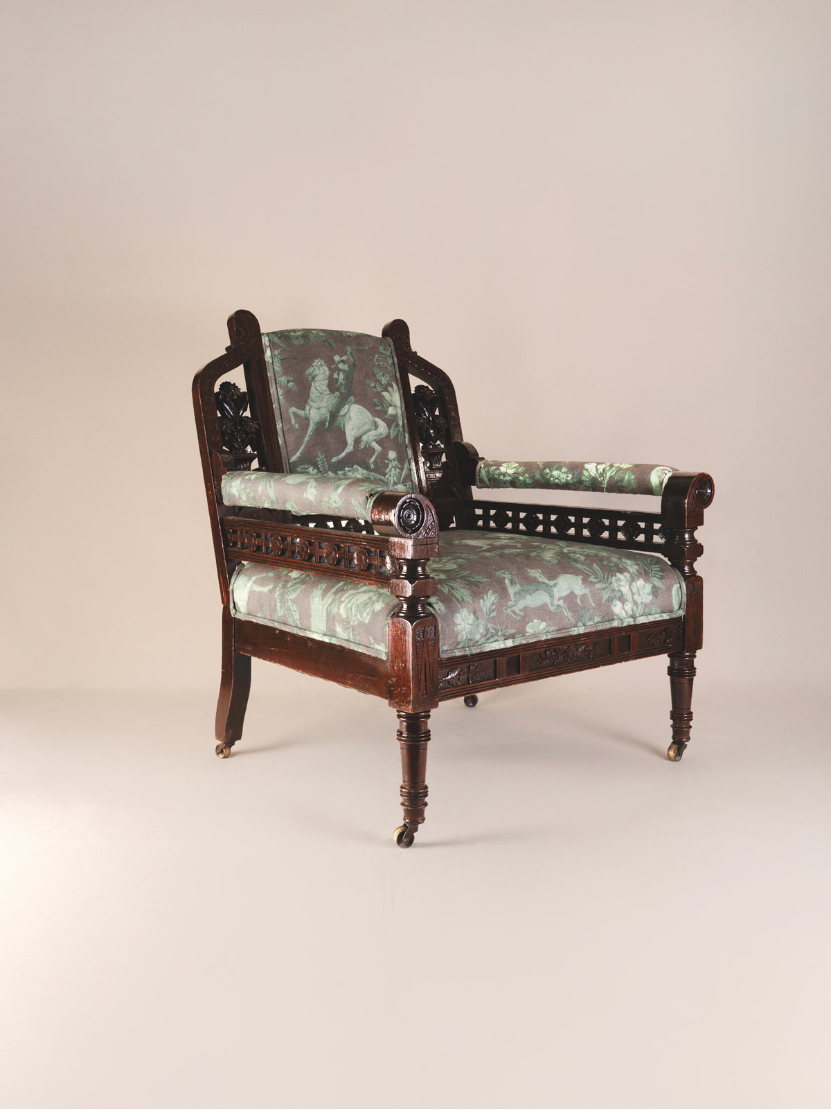 Vintage Carved Wood Armchair in 'Cowboy Toile'