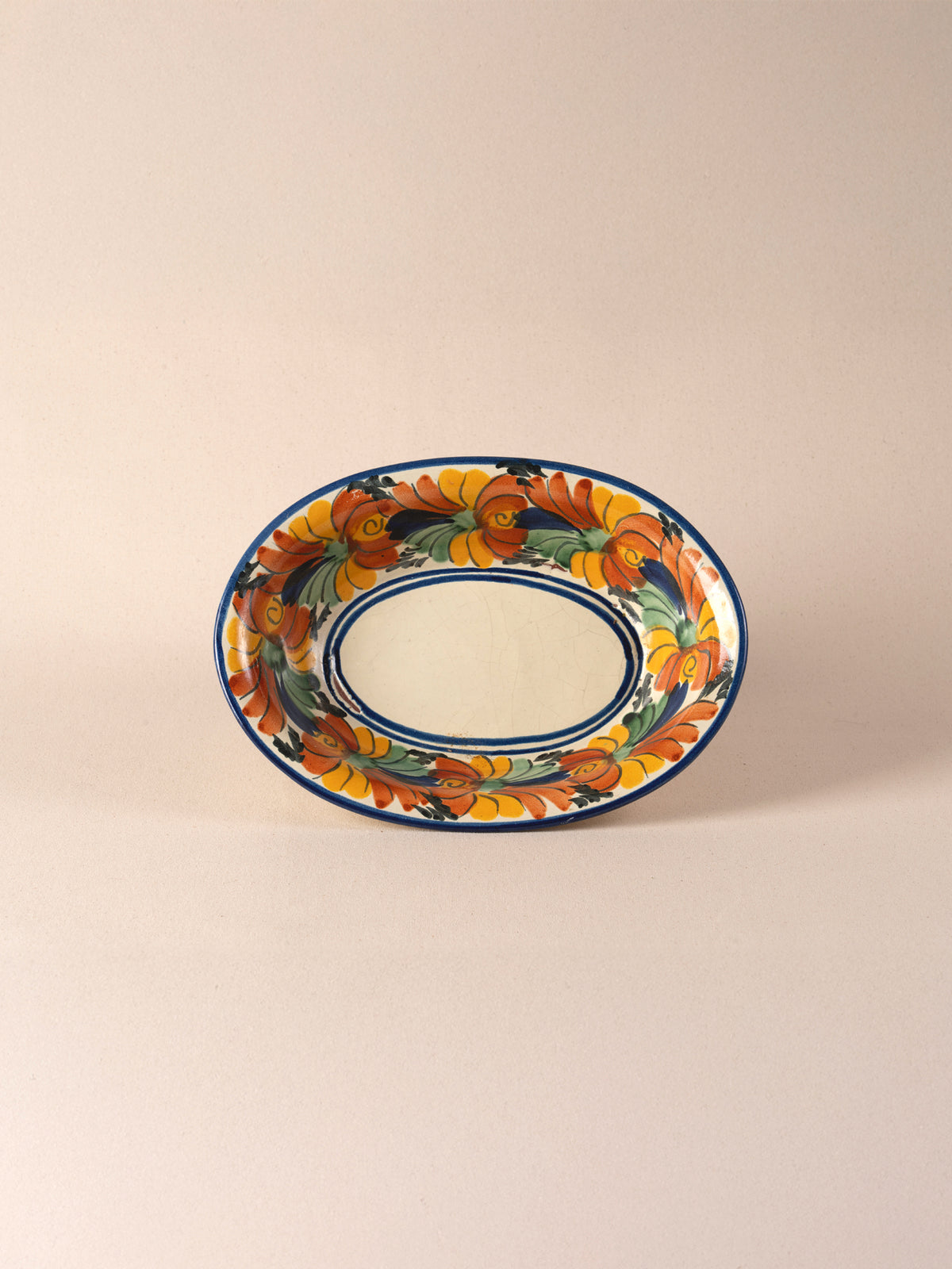 Vintage Mexican oval ceramic dish with painted flowers