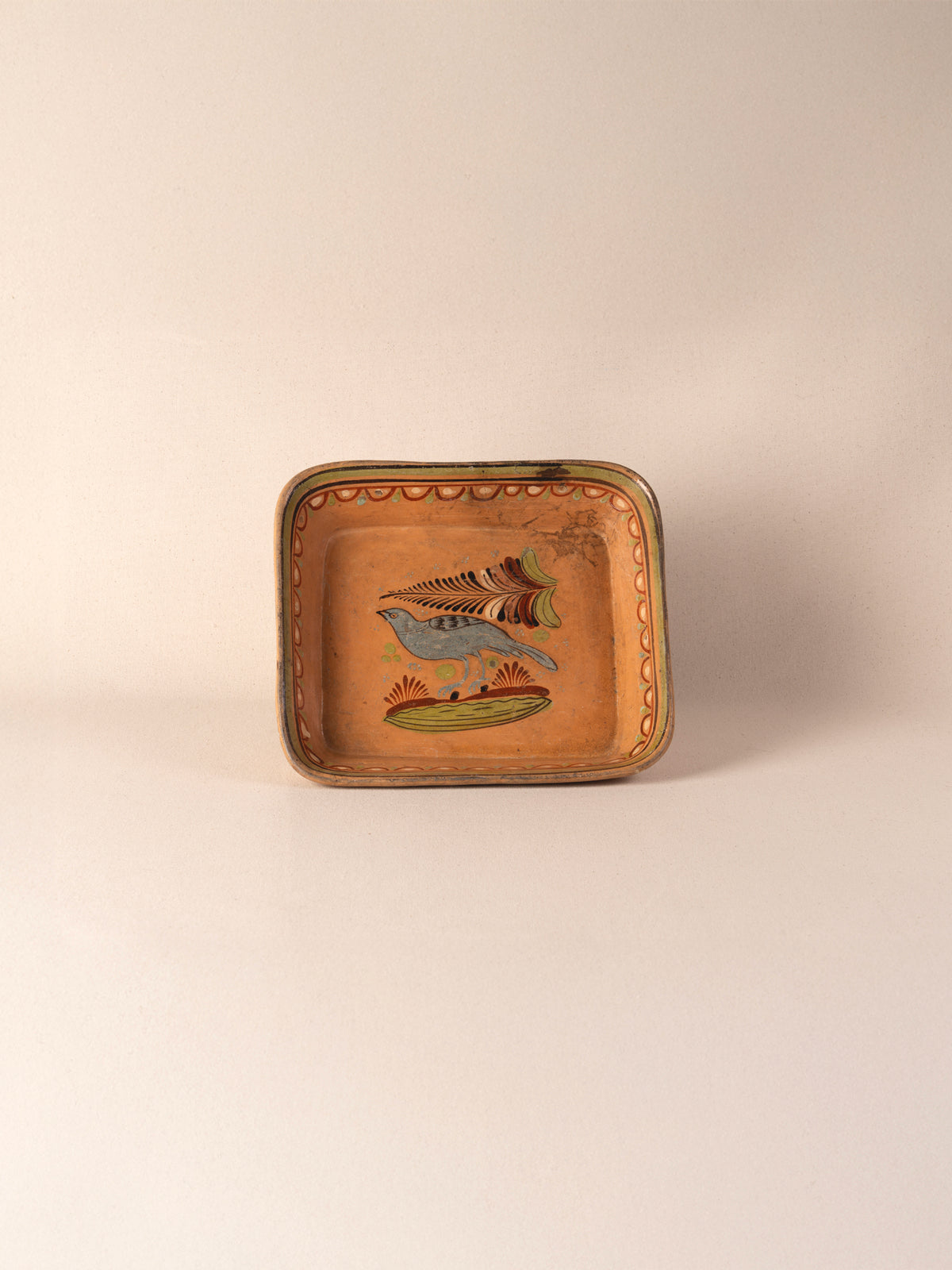Hand-painted vintage Mexican rectangular terracotta dish with a bird motif