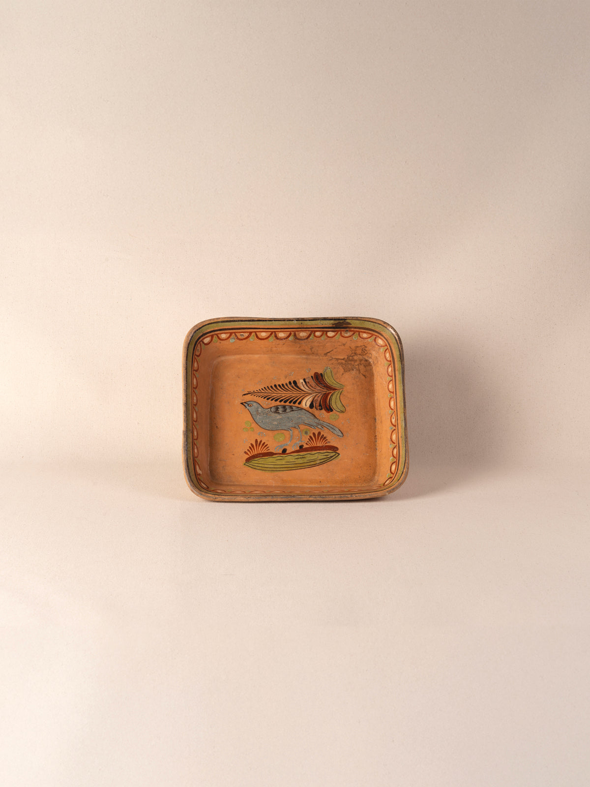 Hand-painted vintage Mexican rectangular terracotta dish with a bird motif