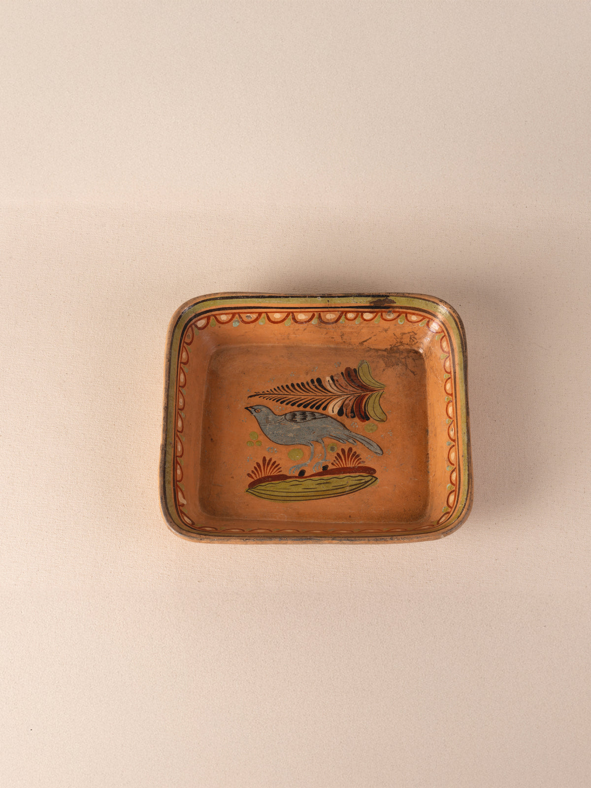 Hand-painted vintage Mexican rectangular terracotta dish with a bird motif
