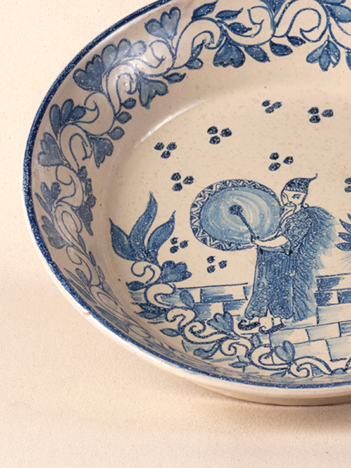 Hand-painted vintage Mexican round ceramic dish with a blue design