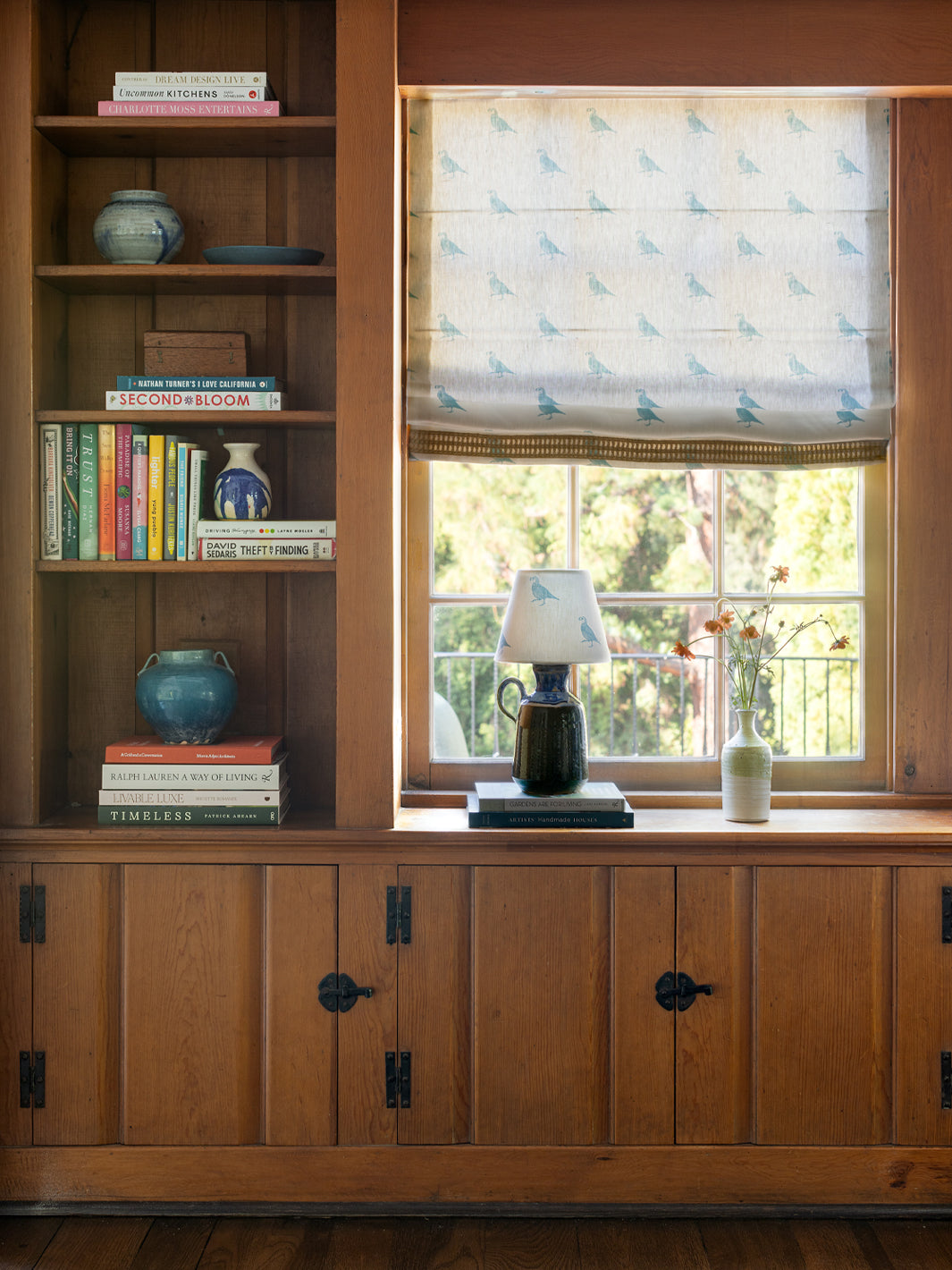 Blue linen roller shade fabric with quail bird print pattern