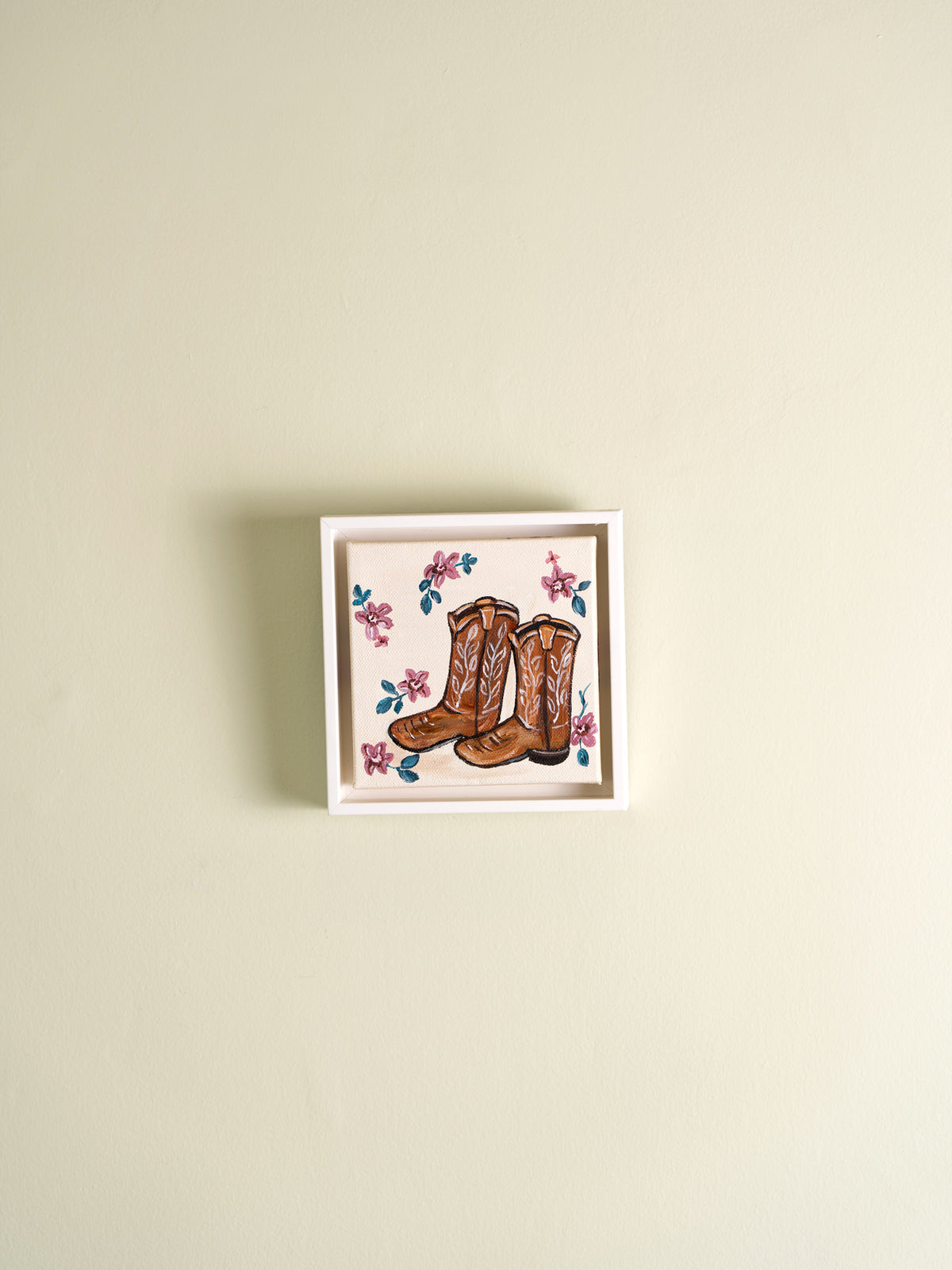 Small original oil on canvas painting by Carly Beck titled Boots, from the Ode to California series