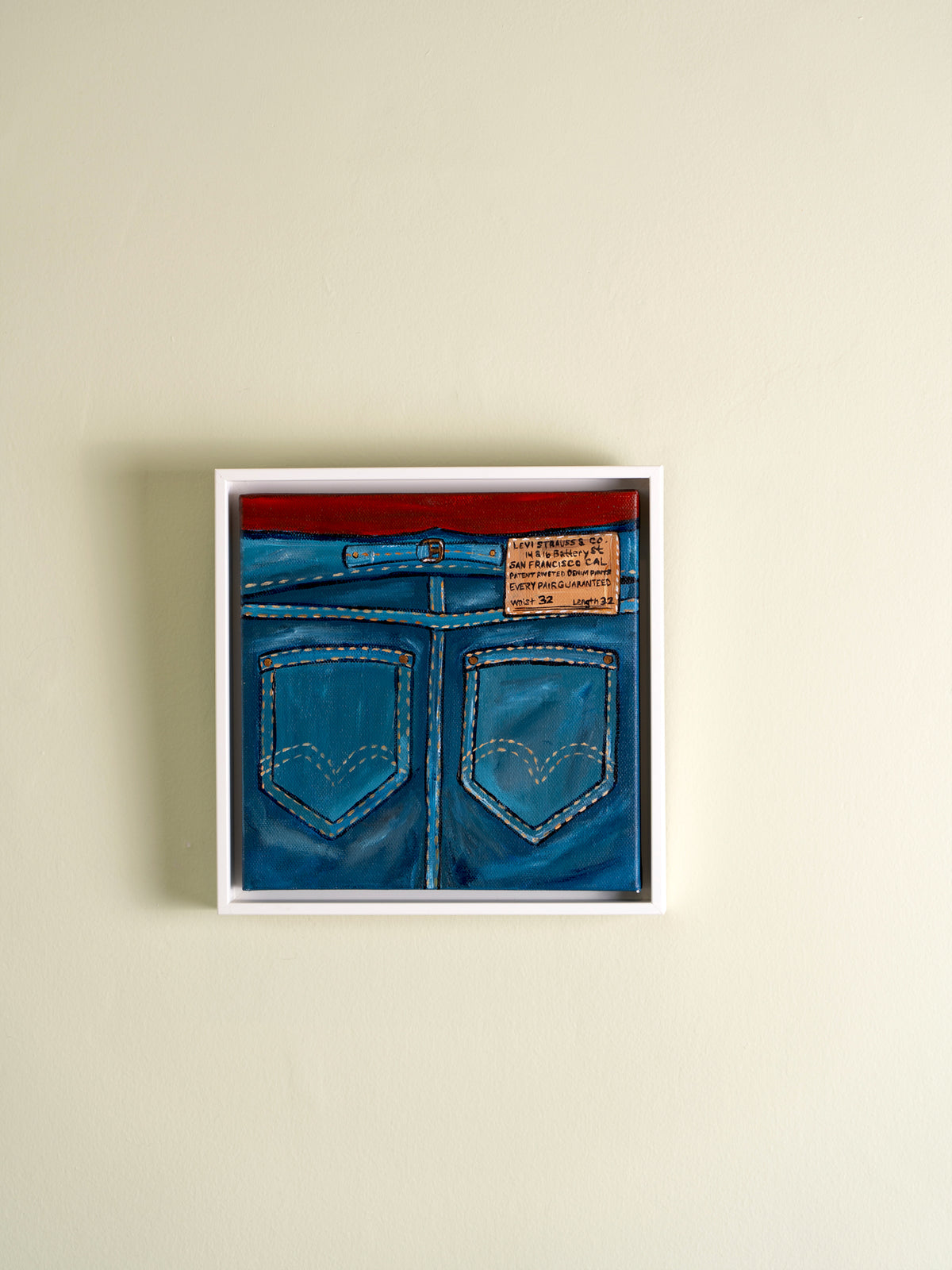 Small original oil on canvas painting by Carly Beck titled Jeans, from the Ode to California series
