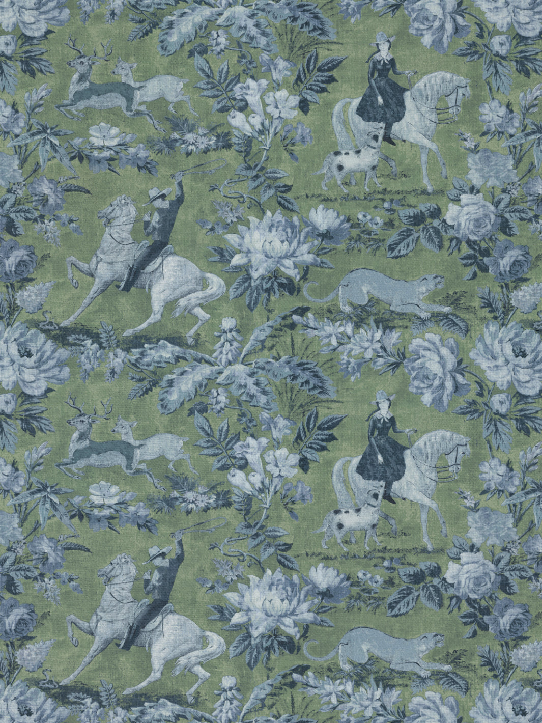 &#39;Cowboy Toile&#39; Linen Fabric - Green Blue