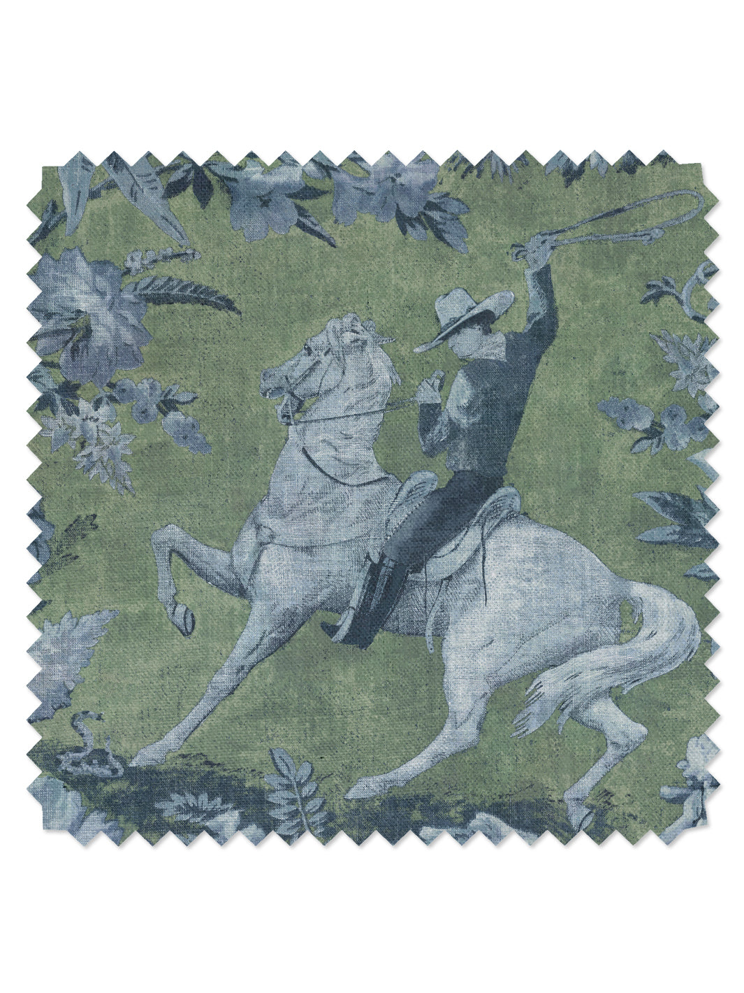 &#39;Cowboy Toile&#39; Linen Fabric - Green Blue