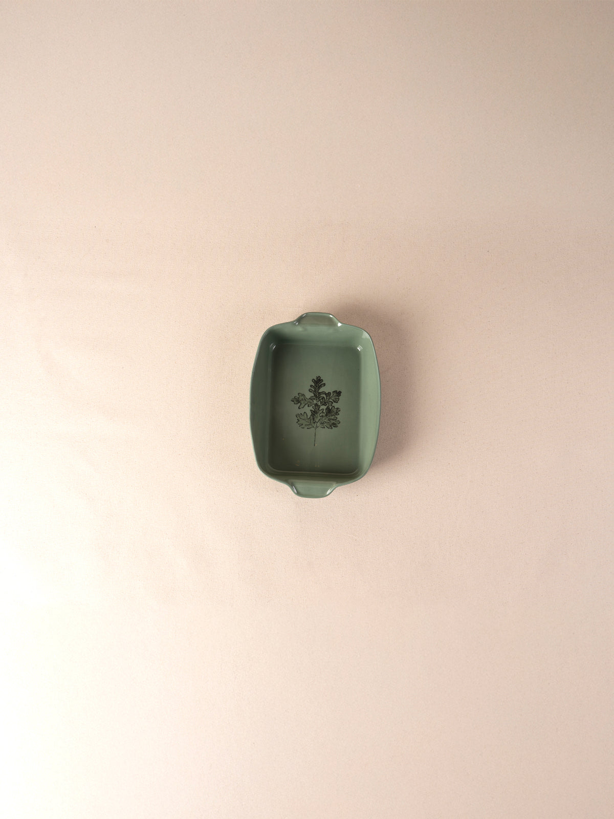 Green handmade ceramic small casserole with Valley Oak Leaf design by Kulak Ceramic