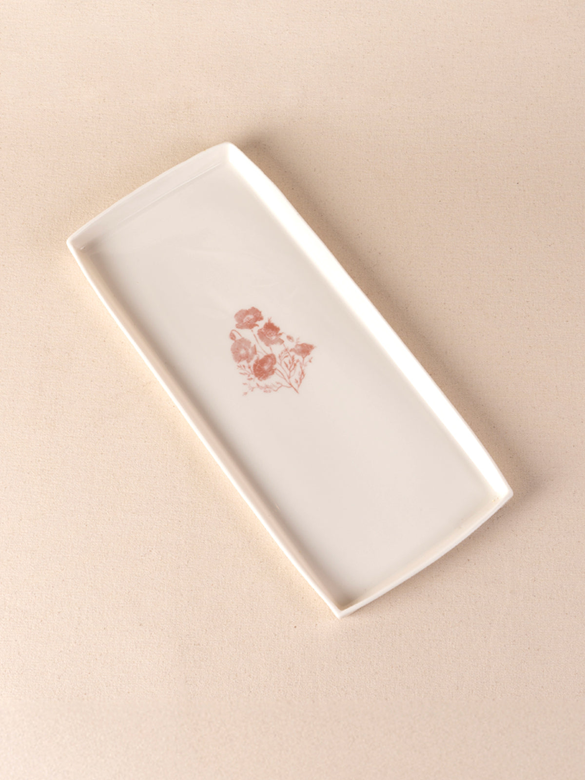 Ivory handmade ceramic rectangular tray with California Poppy design by Kulak Ceramic