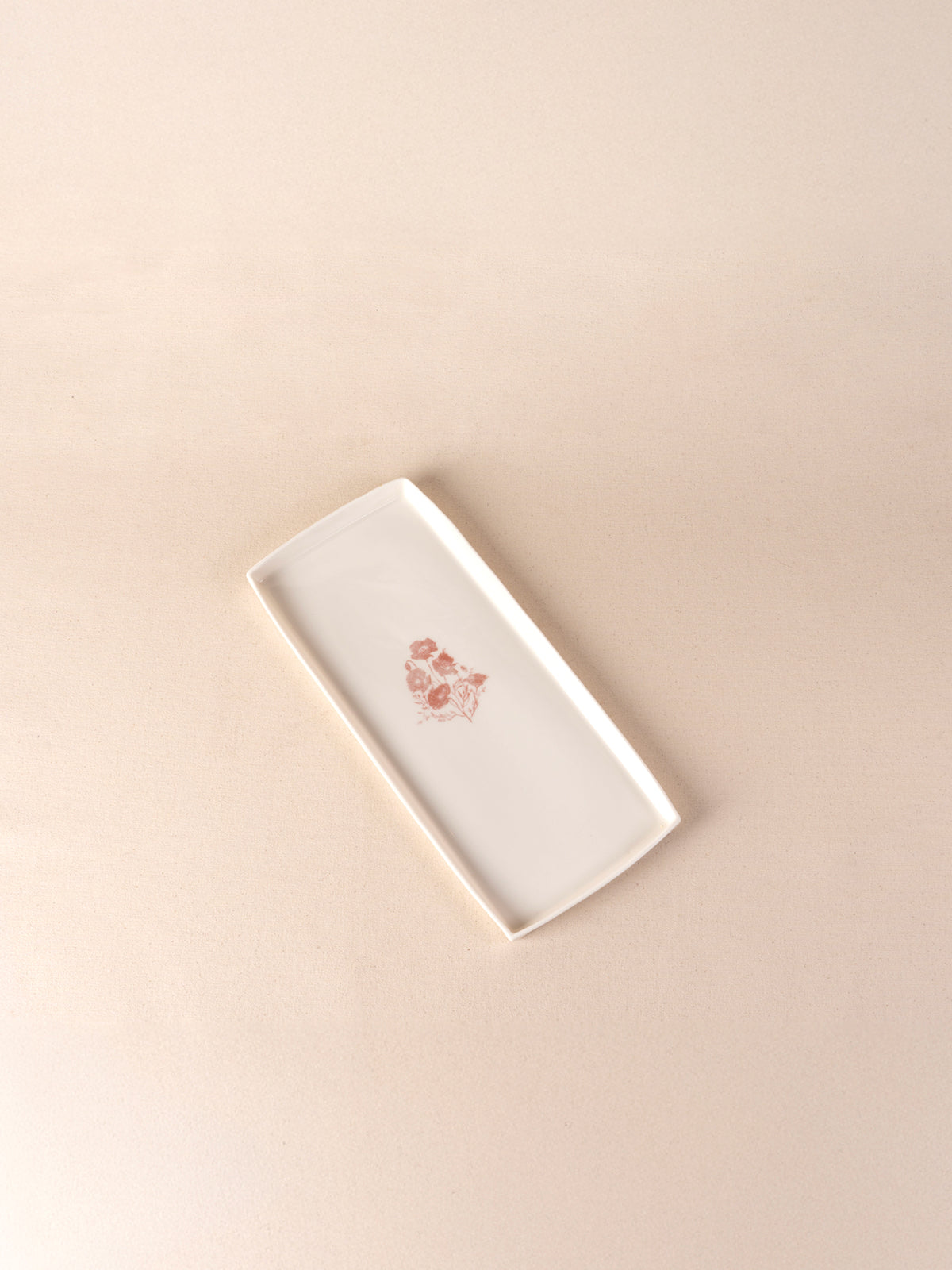 Ivory handmade ceramic rectangular tray with California Poppy design by Kulak Ceramic