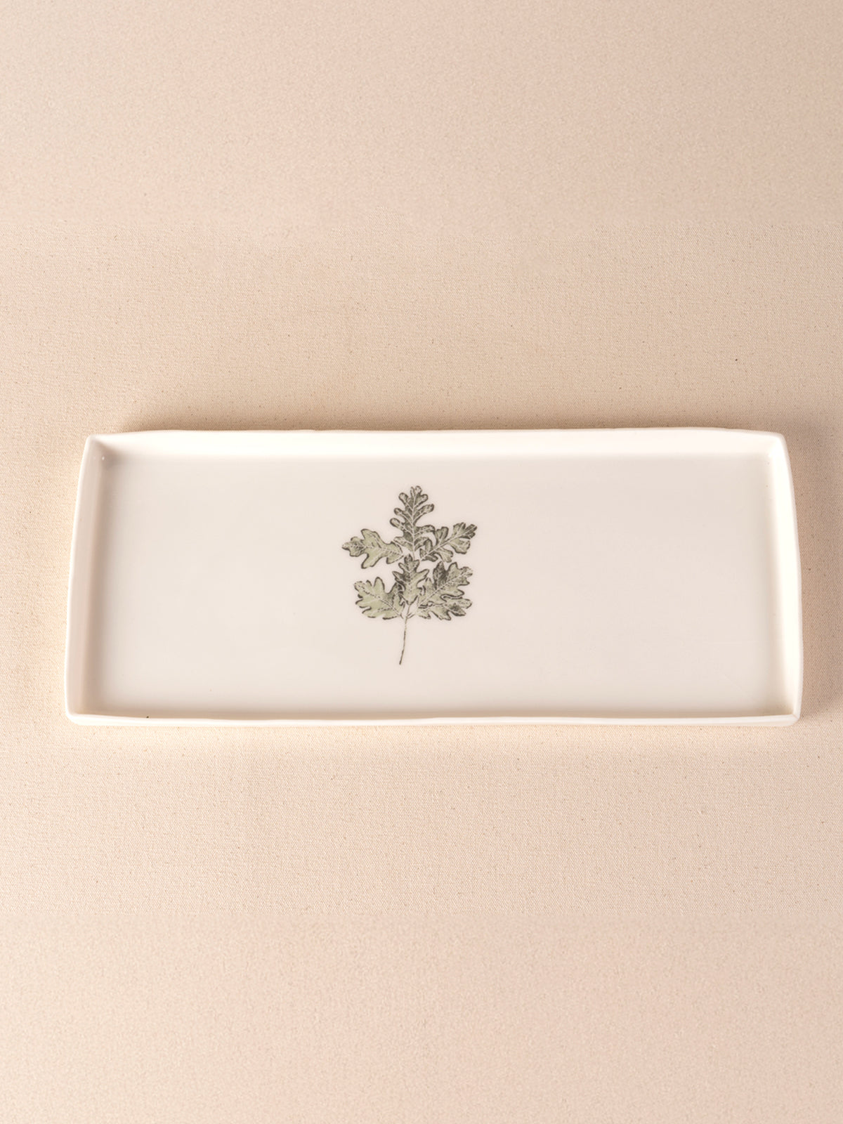 Ivory handmade ceramic rectangular tray with Valley Oak Leaf design by Kulak Ceramic