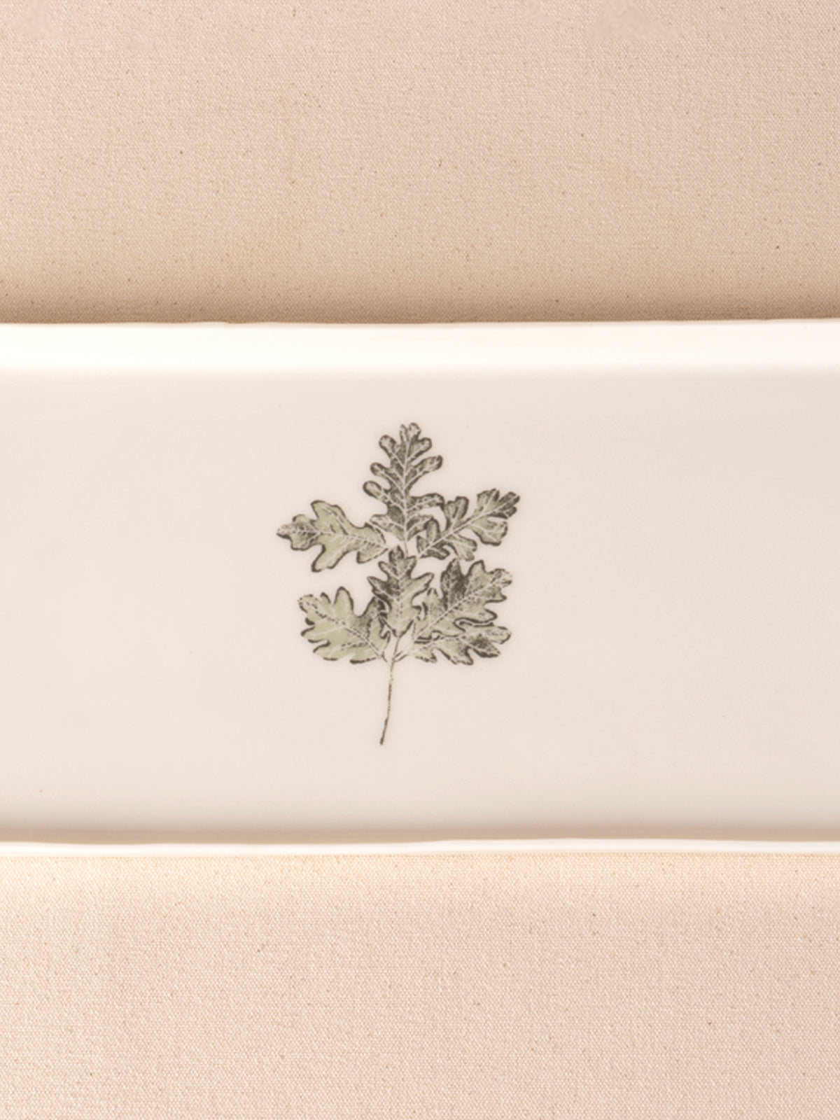 Ivory handmade ceramic rectangular tray with Valley Oak Leaf design by Kulak Ceramic