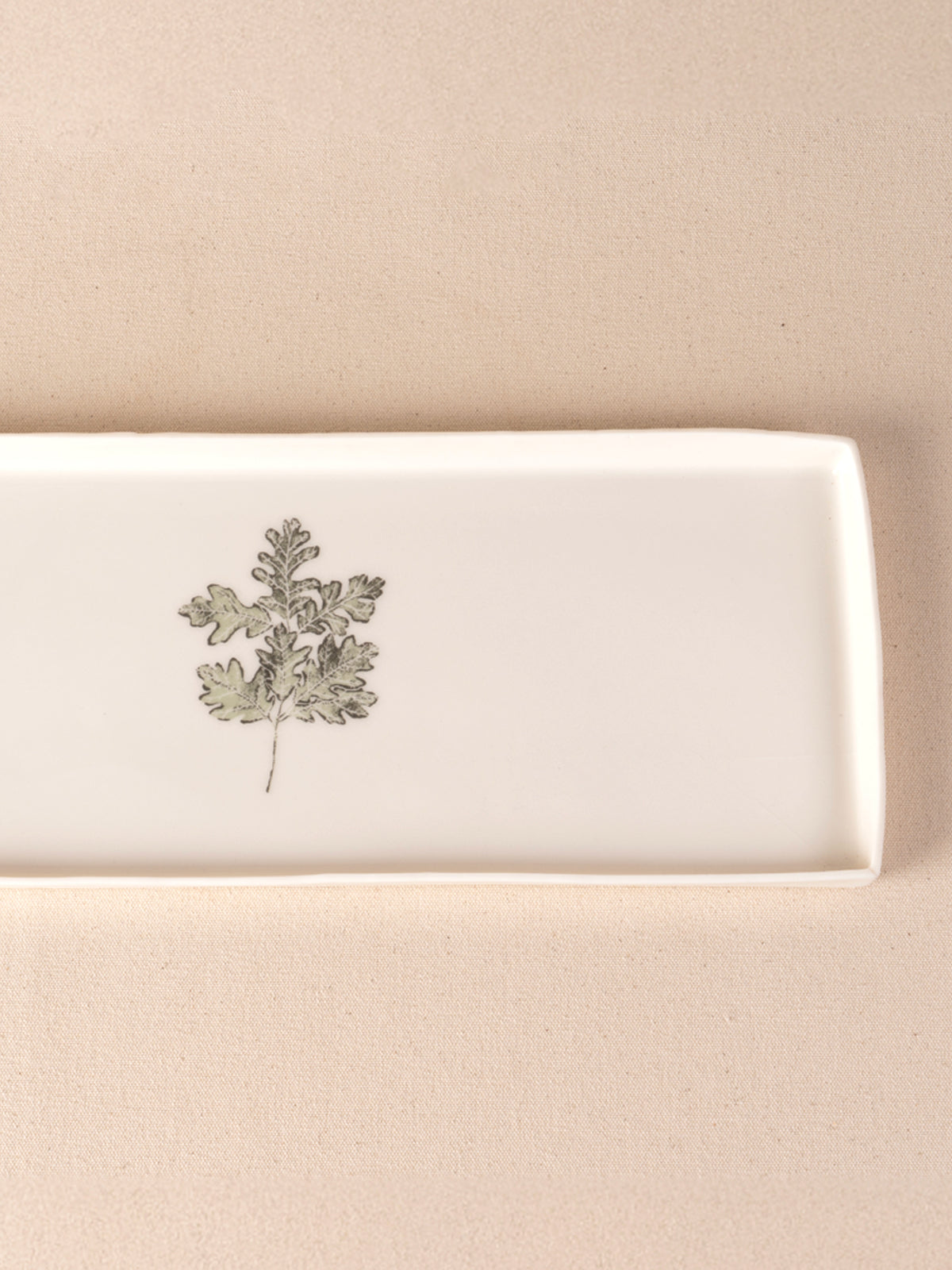 Ivory handmade ceramic rectangular tray with Valley Oak Leaf design by Kulak Ceramic