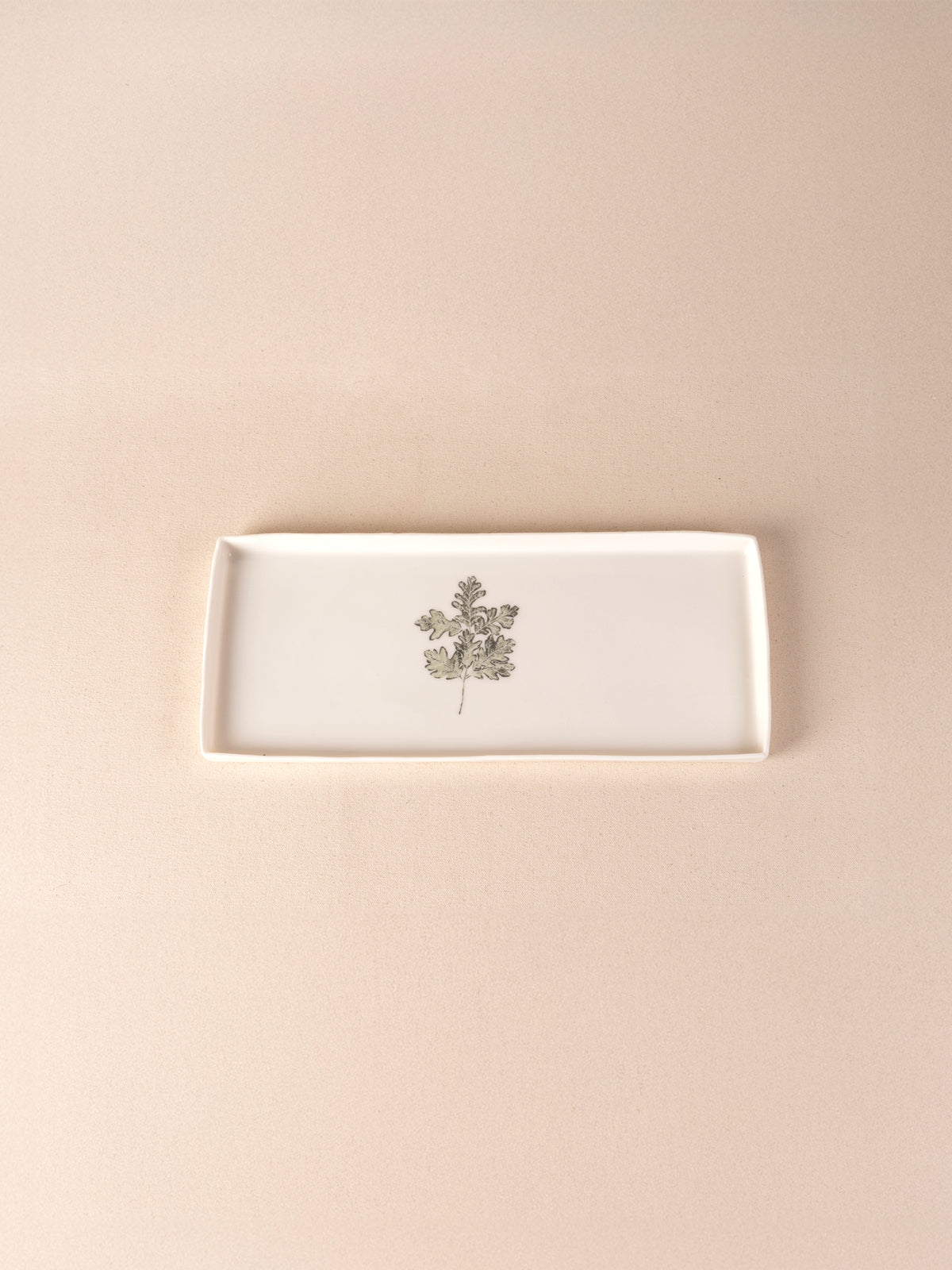 Ivory handmade ceramic rectangular tray with Valley Oak Leaf design by Kulak Ceramic