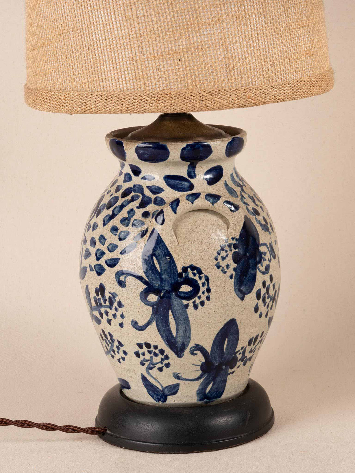 Blue and white hand-painted ceramic table lamp with burlap drum shade
