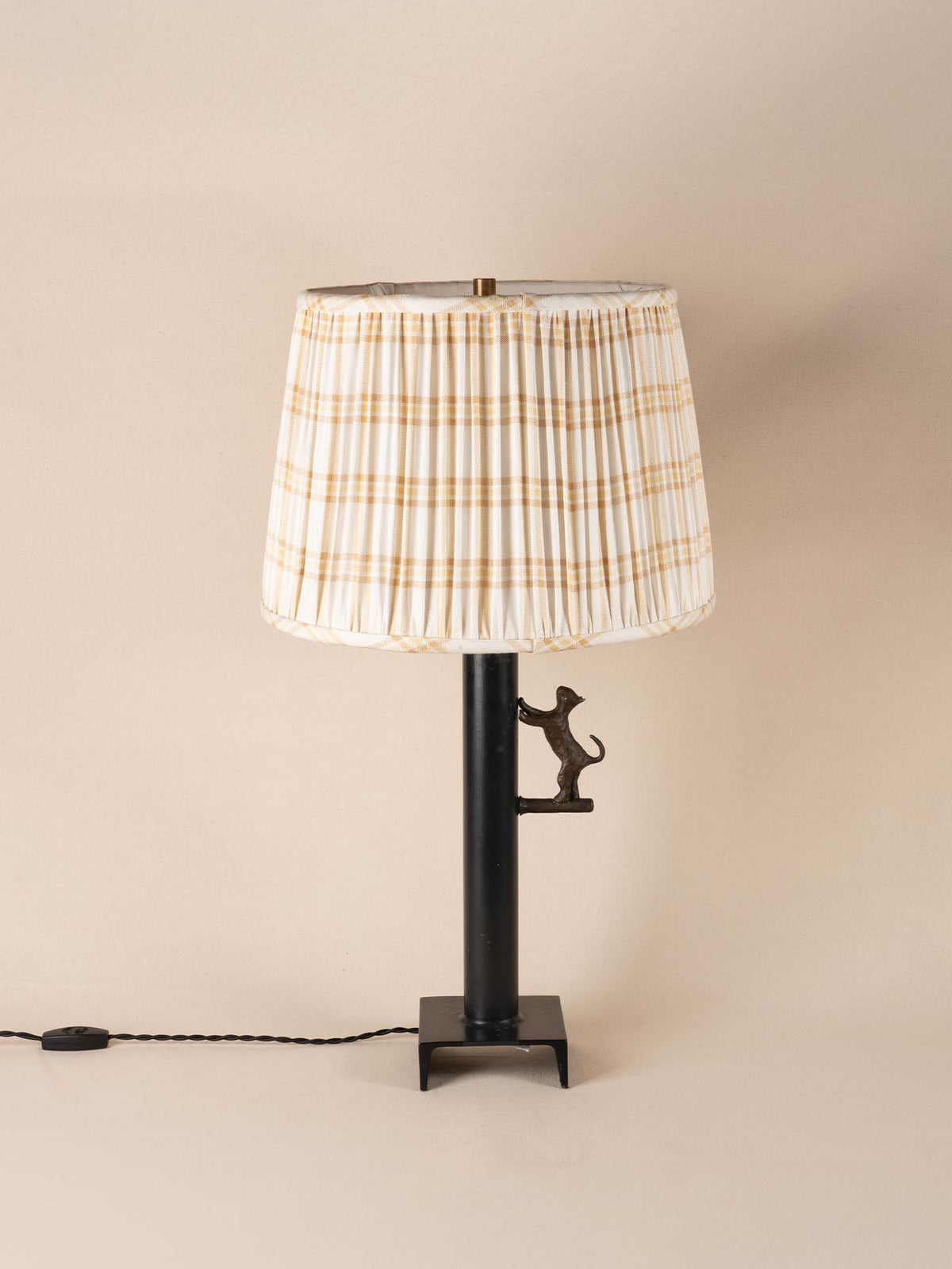 Vintage black iron cat table lamp with Roger Plaid shade
