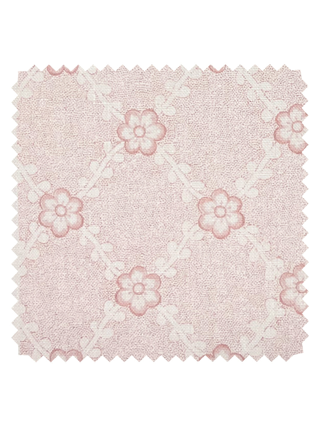 Pink linen fabric swatch with repeating floral motifs, scalloped edge