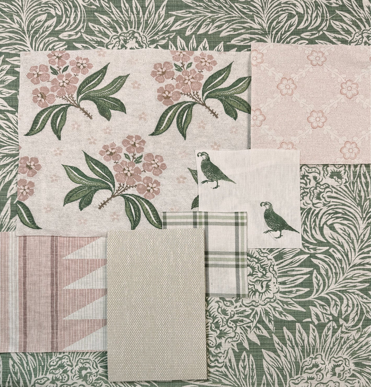Pink linen fabric swatch with repeating floral motifs