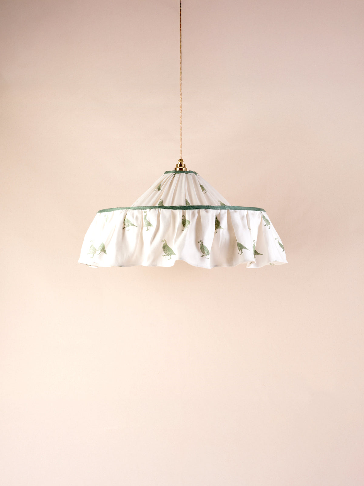 Small ruffled pendant light with a pleated green California Quail print linen shade