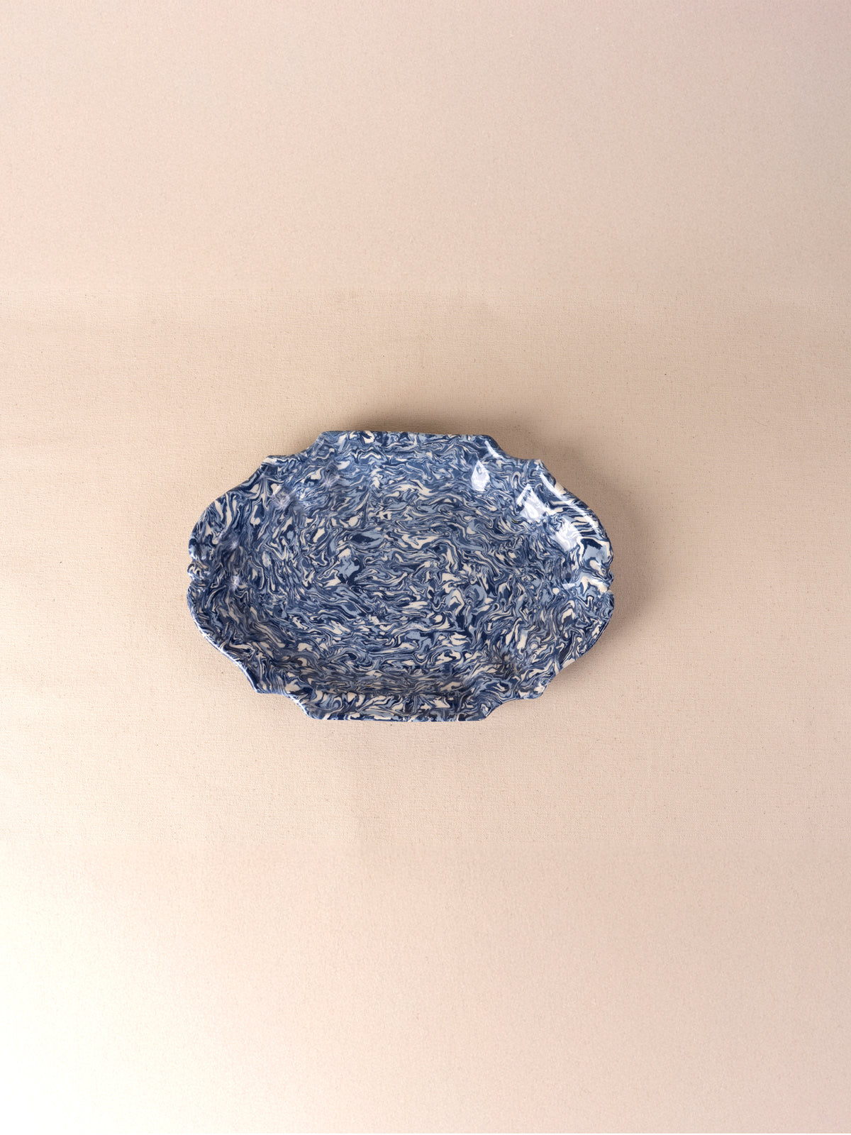 Blue and white marbled oval ceramic platter by Pascale Mestre