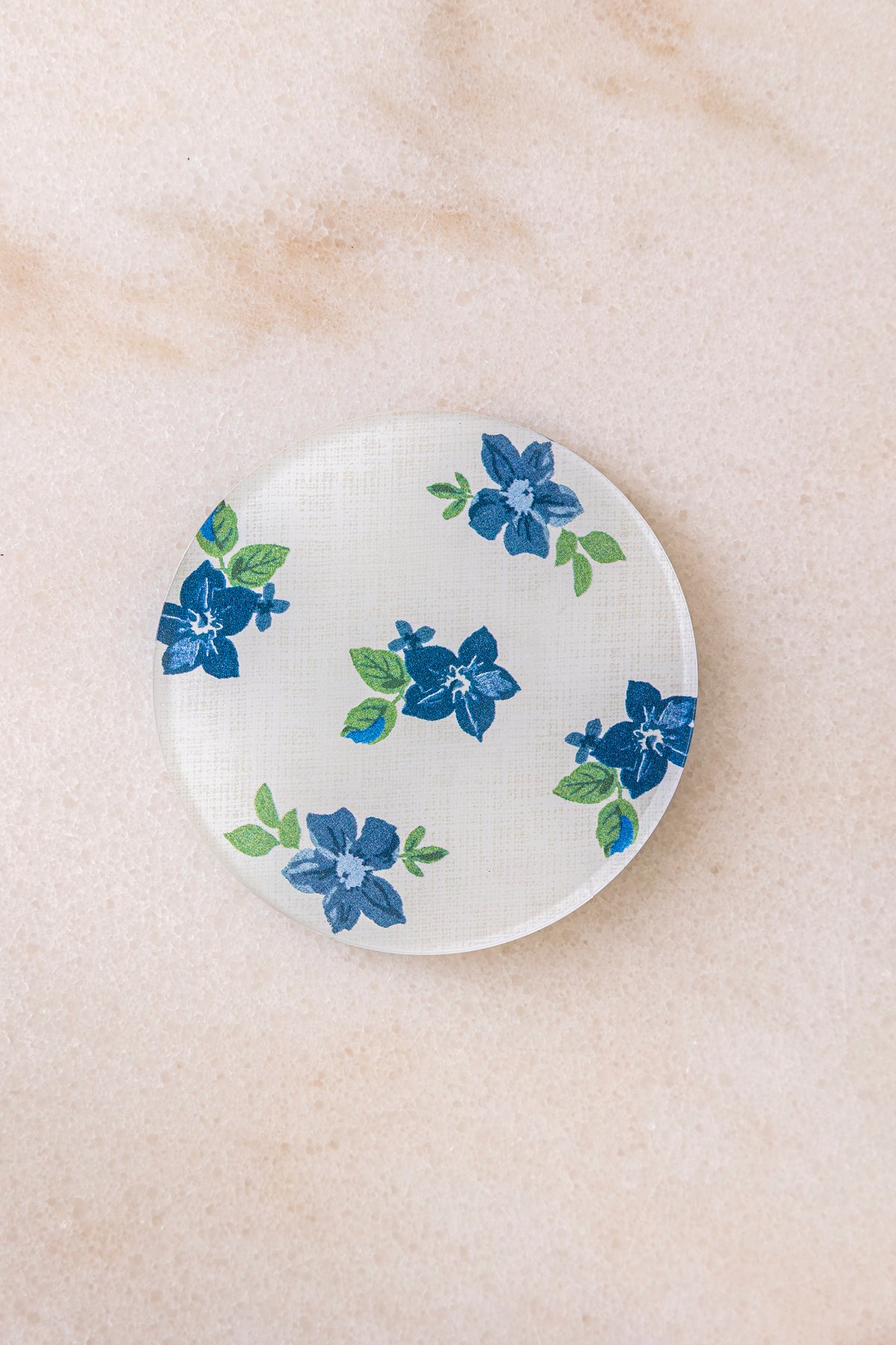 Proper Table acrylic coaster in Anna Floral, blue flowers on white