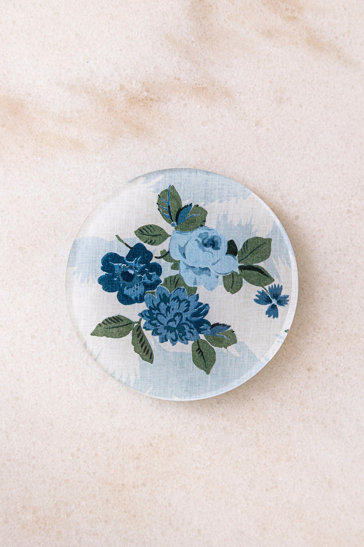 Proper Table acrylic coaster in Theodora, blue floral bouquet on white
