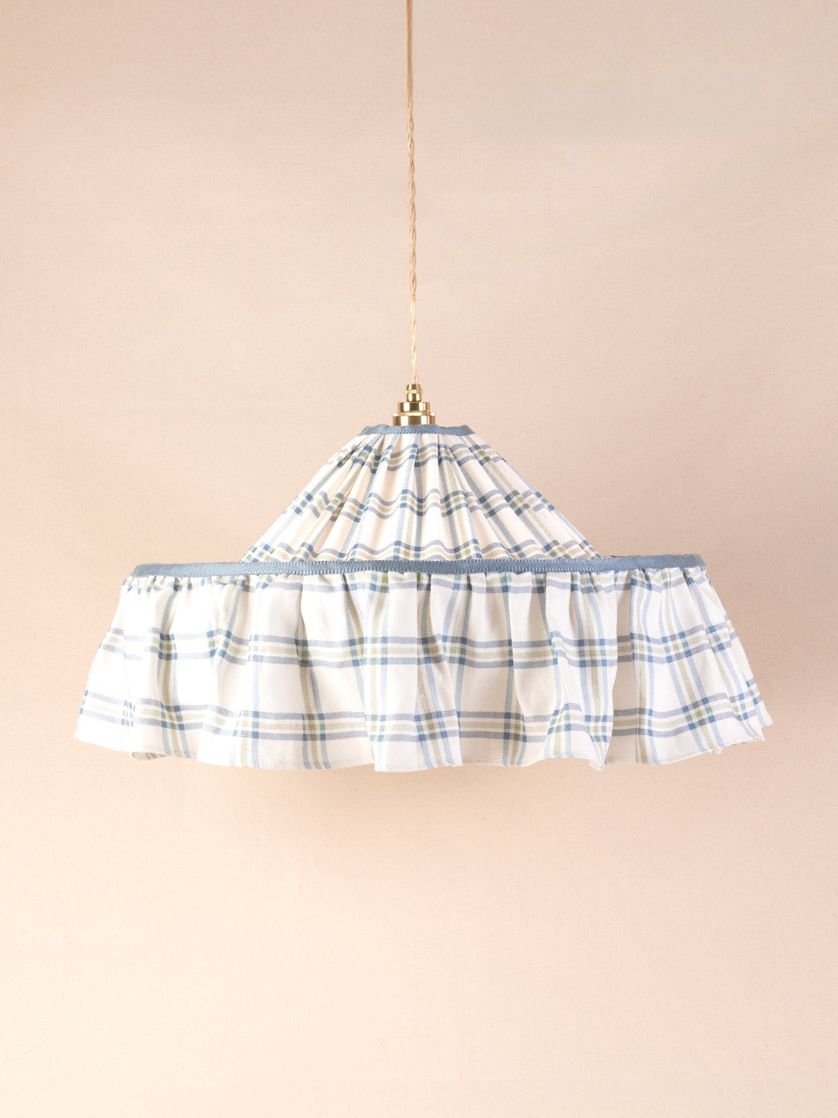 Small ruffled pendant light with blue and green Roger Plaid linen shade and blue trim
